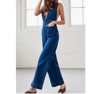 UO Eleanor Plunging Denim Jumpsuit